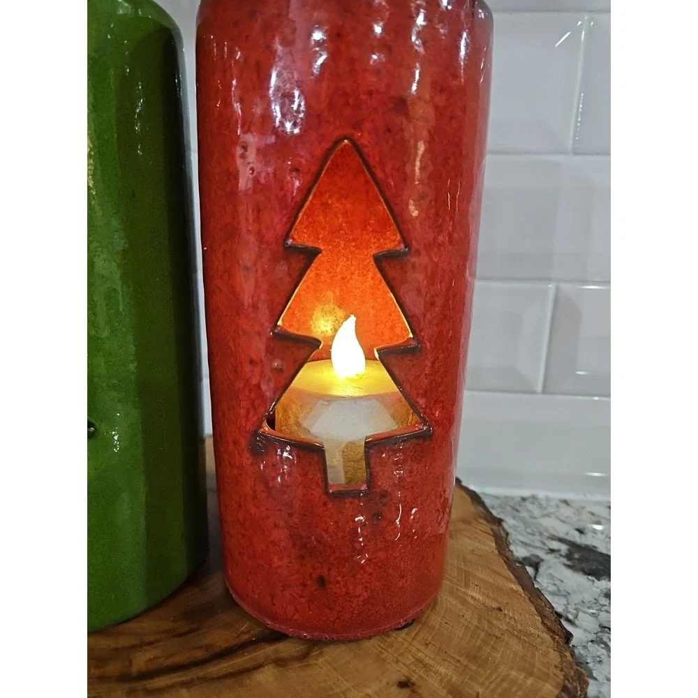 Ceramic Christmas TREE Votive Hand -Glazed Candle‎ Holder SET OF 2!! 9 INC